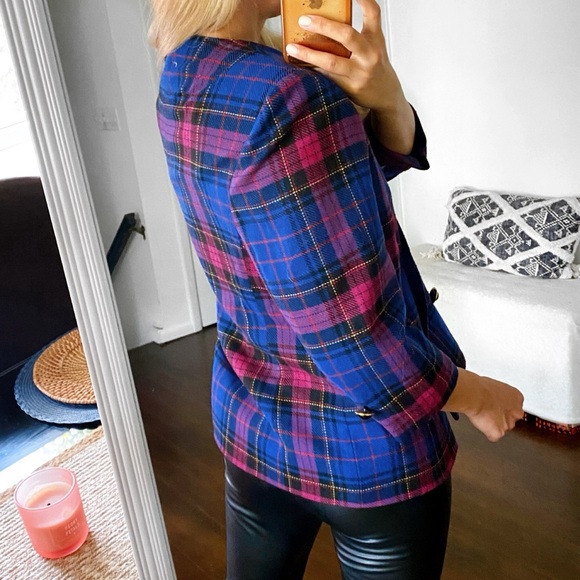 💙 CLASSY BLUE PINK MULTI PLAID BLAZER JACKET! - Picture 5 of 15